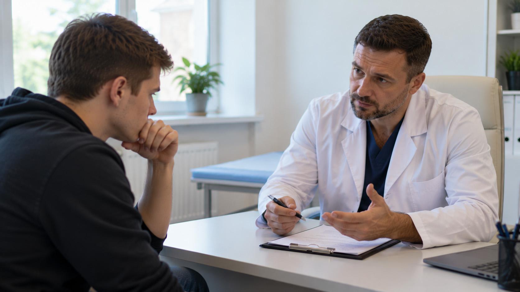 Молодой мужчина на консультации у врача-нарколога в современной клинике обсуждает лечение пивного алкоголизма и преодоление алкогольной зависимости.